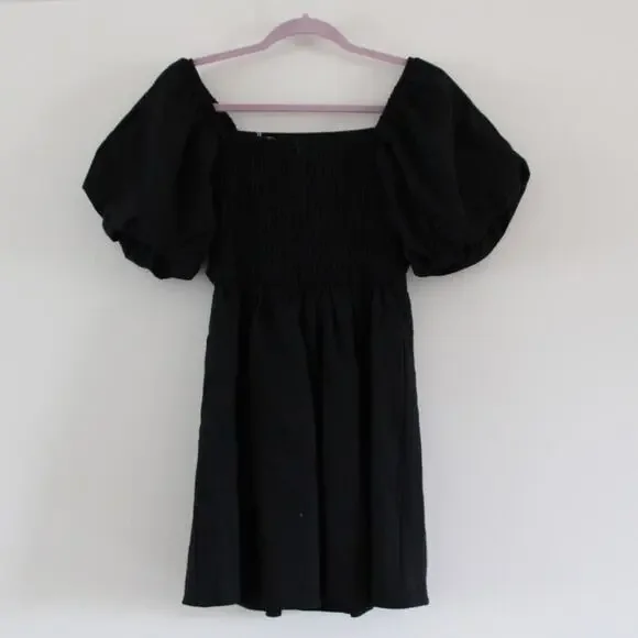 NWT Petal and Pup Linen Blend Square Neck Puff Short Sleeve Mini Dress Black S - Picture 4 of 9